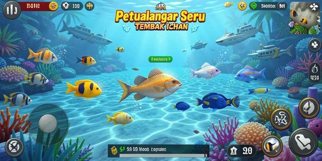 Tampilan gameplay seru saat menembak ikan di lautan.