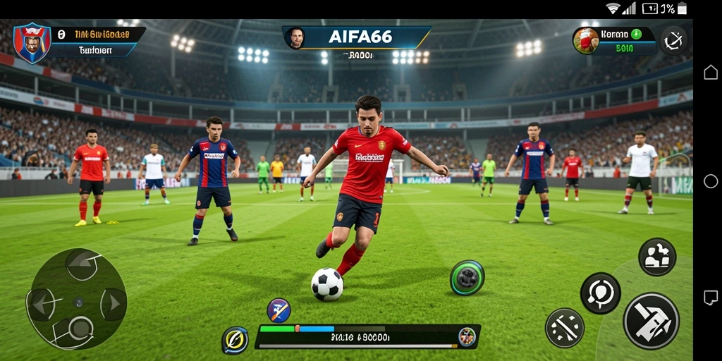 Screenshot gameplay AIFA66 dengan aksi pemain sepak bola yang menegangkan.