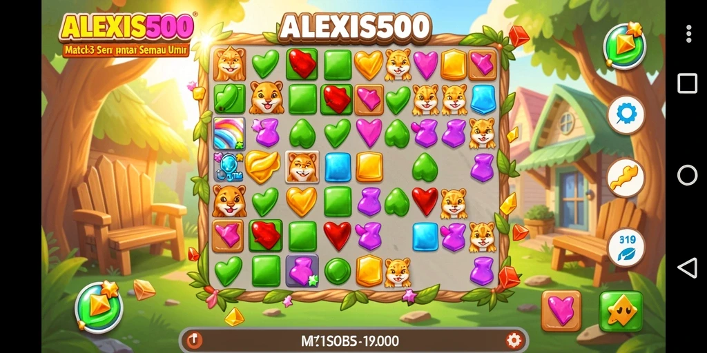 Screenshot gameplay ALEXIS500 yang menampilkan aksi Match-3 yang mendebarkan.