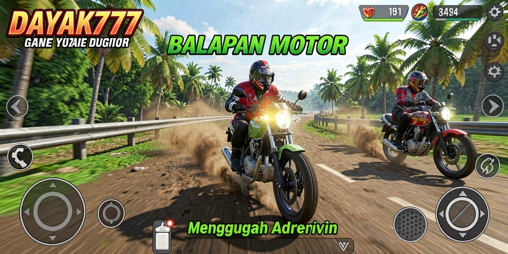 Tampilan gameplay menegangkan dari DAYAK777 saat balapan motor.