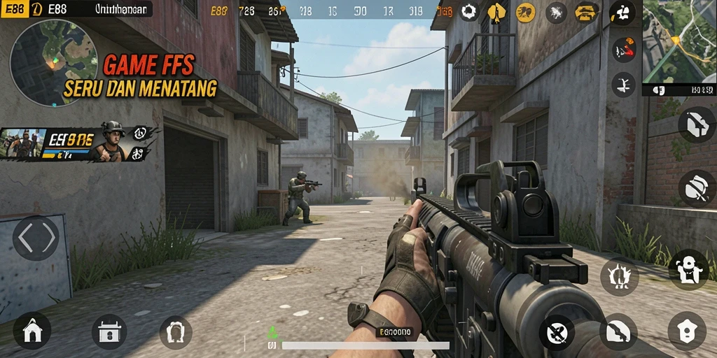 Gameplay E88 mengasyikkan dengan aksi tembak-menembak yang mendebarkan.
