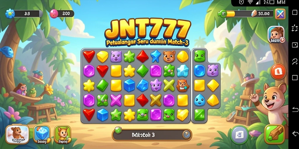 Tampilan seru gameplay JNT777 dalam dunia Match-3 yang penuh warna.