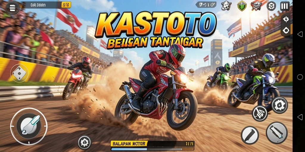 Tampilan gameplay KASTOTO dengan aksi balapan motor yang seru.