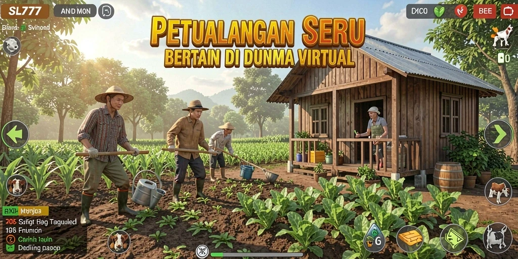 Tampilan gameplay SL777 dengan ladang subur dan hewan ternak.